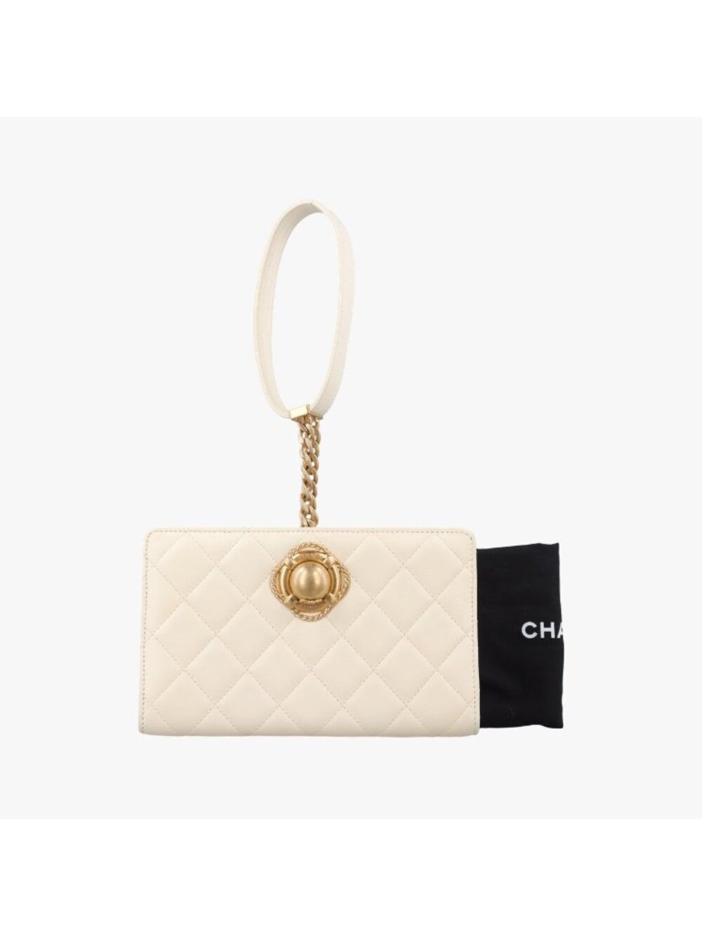 Chanel Quilted Bijou Large Golden Ball Wristlet Clutch White Lambskin